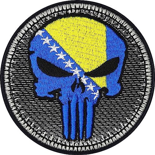 Biker Patches Aufnäher Bosnien Biker Punisher Patch zum aufbügeln/aufnähen | Biker Kutte Applikation für alle Stoffe | Bosnische Flagge Aufbügler Accessoires | 75x75mm von EXPRESS-STICKEREI