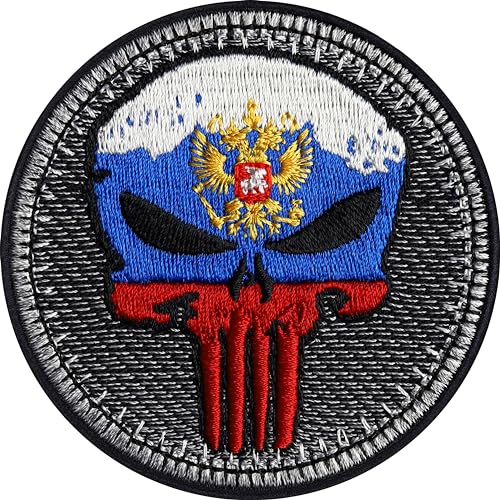 Biker Patches Aufnäher Russian Biker Punisher Patch zum aufbügeln/aufnähen | Biker Kutte Applikation für alle Stoffe | Russland Flagge Aufbügler Accessoires | 75x75mm von EXPRESS-STICKEREI