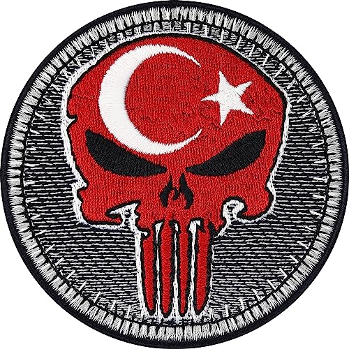 Biker Patches Aufnäher Türkiye Biker Punisher Patch zum aufbügeln/aufnähen | Biker Kutte Applikation für alle Stoffe | Türkei Flagge Aufbügler Accessoires | 75x75mm von EXPRESS-STICKEREI