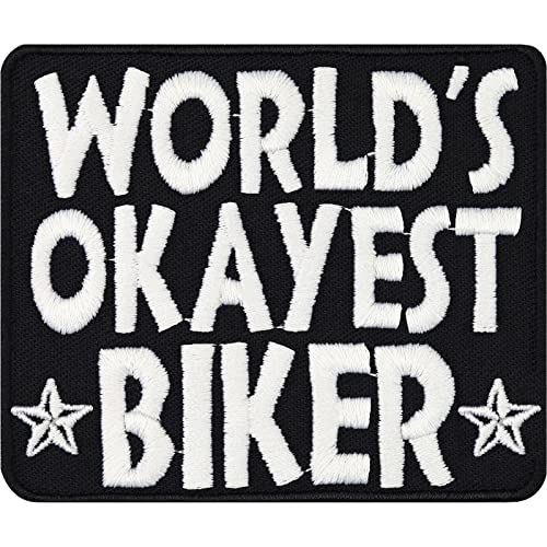 Biker Aufnäher "World's okayest Biker" Aufbügler mit Stickerei | Motorrad Emblem mit lustigem Spruch | Chopper Bügelbild für Motorradfahrer Applikation zum annähen | 80x65mm von EXPRESS-STICKEREI
