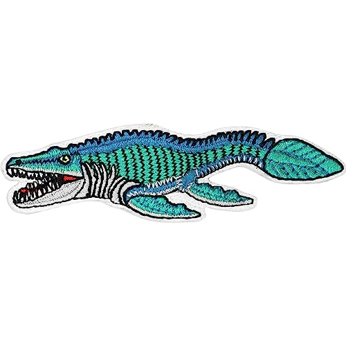 Dinosaurier Figuren Aufnäher Kinder Patch Mosasaurus Crocodile Bild Patch zum aufbügeln | Dinosaurier Bügelbilder für Textilien Kinder Flicken zum aufnähen | 100x30mm von EXPRESS-STICKEREI