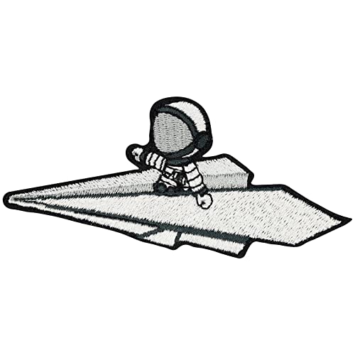 Astronaut Aufnäher NASA Patch Lustiger Sticker zum annähen/aufbügeln | Astronaut im Papierflieger Applikation Jeans Flicken Bügelbilder für alle Stoffe | fabric applique 90x40mm von EXPRESS-STICKEREI