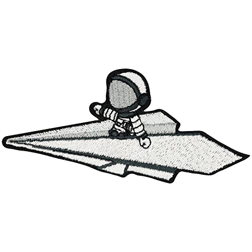 Astronaut Aufnäher NASA Patch Lustiger Sticker zum annähen/aufbügeln | Astronaut im Papierflieger Applikation Jeans Flicken Bügelbilder für alle Stoffe | fabric applique 90x40mm von EXPRESS-STICKEREI