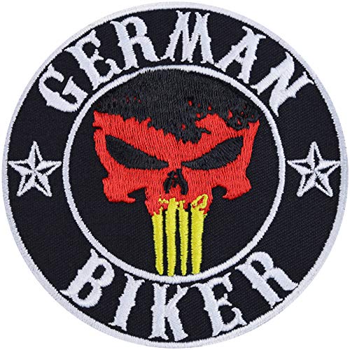 "German Biker" Aufnäher/Aufbügler/Biker Patch/Bügelbilder Deutschland Flagge | Jeans Flicken Geschenk Motorradfahrer Applikation für Motorradzubehör/Boots/Motorradkoffer | 90x90mm von EXPRESS-STICKEREI