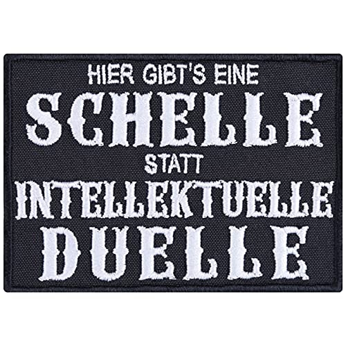 Heavy Metal Aufnäher "Hier gibt's eine Schelle statt intellektuelle Duelle" Aufbügler Biker Patch/Bügelbilder Rocker Sticker Geschenk DIY Applikation für alle Stoffe | 90x65mm Heavy Metal Aufnäher "Hier gibt's eine Schelle statt intellektuelle Duelle" Aufbügler Biker Patch/Bügelbilder Rocker Sticker Geschenk DIY Applikation für alle Stoffe | 90x65mm von EXPRESS-STICKEREI