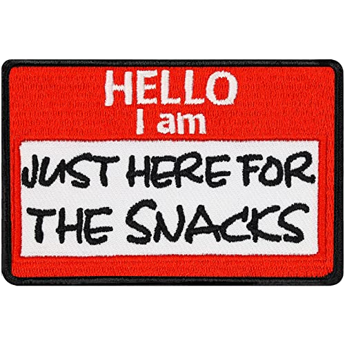 Hello I am Patch "Hello I am just here for the snacks" Aufnäher Aufbügler lustiger Patch zum annähen/aufbügeln | Hello my name is Sticker Namensschild Bügelbild für alle Stoffe | 75x50mm Hello I am Patch "Hello I am just here for the snacks" Aufnäher Aufbügler lustiger Patch zum annähen/aufbügeln | Hello my name is Sticker Namensschild Bügelbild für alle Stoffe | 75x50mm von EXPRESS-STICKEREI