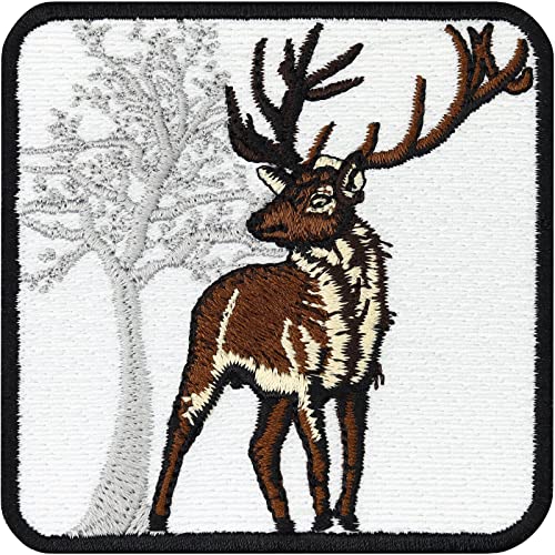 Hirsch im Winter Aufnäher wetterfester Aufkleber/Bügelbild Jäger Aufbügler Jagdabzeichen | majestätischer Hirsch Naturfreunde Stag Patch zum annähen/aufbügeln Jeans Flicken | 75x75mm von EXPRESS-STICKEREI