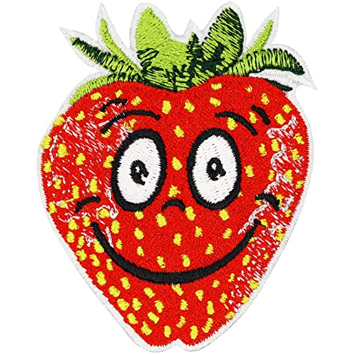 Lustige Erdbeere Aufnäher Strawberry Patch Spaß Sticker zum annähen/aufbügeln | Erdebeeren Applikation Jeans Flicken Bügelbilder für alle Stoffe | fabric applique 55x70mm von EXPRESS-STICKEREI