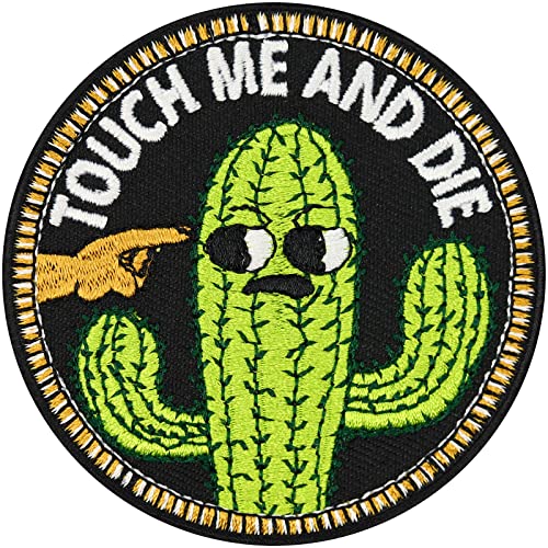 Lustiger Aufnäher "Touch me and die" Aufbügler Kaktus Patch zum annähen/aufbügeln | lustiger Jeans Flicken mit Stickerei kleiner grüner Kaktus Applikation für alle Stoffe | 70x70mm von EXPRESS-STICKEREI