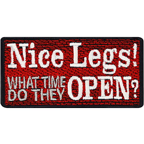 Lustiger Patch "Nice legs - what time they open?"Aufnäher Spaß Sticker zum annähen/aufbügeln | Applikation Jeans Flicken Kleidung reparieren Bügelbilder für alle Stoffe | 75x40mm Lustiger Patch "Nice legs - what time they open?"Aufnäher Spaß Sticker zum annähen/aufbügeln | Applikation Jeans Flicken Kleidung reparieren Bügelbilder für alle Stoffe | 75x40mm von EXPRESS-STICKEREI