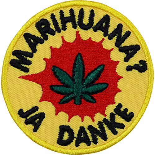 Hanfblatt Aufnäher/Patch zum annähen/aufbügeln "Marihuana? Ja Danke" Rastafari Aufbügler Reggae Jeans Flicken/Bügelbild Cannabis Sticker Hippie Applikation für alle Stoffe | 60x60mm von EXPRESS-STICKEREI