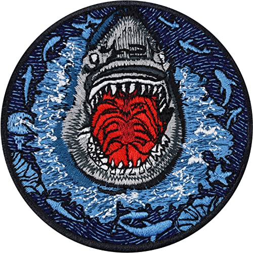 HAIFISCH Aufnäher Der weiße Hai Sticker "Save the Ocean" Aufbügler Haie Bügelbild Megalodon Patch zum annähen/aufbügeln | WHITE SHARK Applikation für alle Stoffe | 70x70mm von EXPRESS-STICKEREI