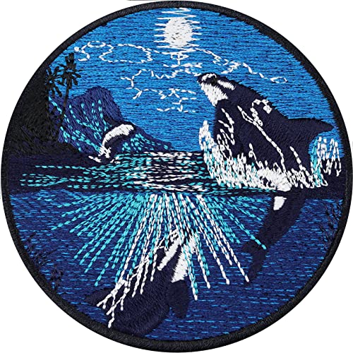 ORCA Aufnäher SAVE THE OCEAN Killerwal Sticker Schwertwal im Mondlicht Bügelbild | Killer Whale Klimaschutz Patch zum annähen/aufbügeln | Killerwale im Vollmond Applikation | 80x80mm von EXPRESS-STICKEREI