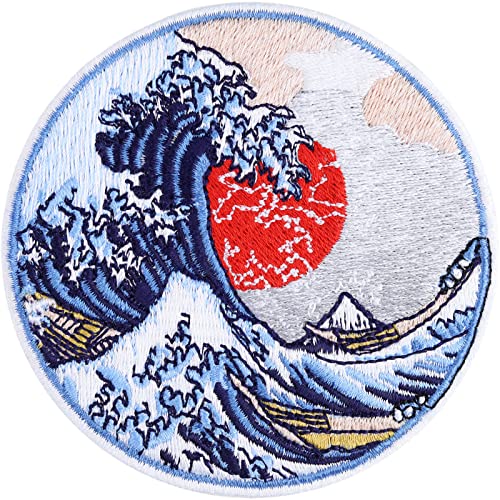 CLIMATE CHANGE Tsunami Aufnäher große Welle vor Kanagawa | Preserve & Protect | Aufbügler Klimaschutz Aufkleber zum annähen/aufbügeln | Patch Bügelbild Umweltschutz Abzeichen | 80x80mm von EXPRESS-STICKEREI