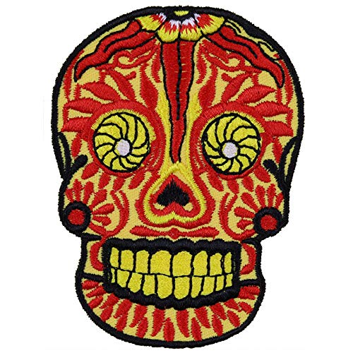 Mexikanischer Zuckerschädel Dia de los muertos Calavera catrina Aufbügler Patch Totenkopf gestickt mexican skull Emblem Applikation zum annähen/aufbügeln - 80x60mm von EXPRESS-STICKEREI