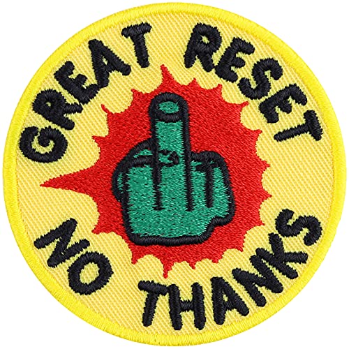 Mittelfinger Aufnäher "GREAT RESET? Nein Danke" NWO Aufbügler Biker Patch zum annähen/aufbügeln | Jeans Flicken Sticker Geschenk Applikation für alle Stoffe 60x60mm von EXPRESS-STICKEREI