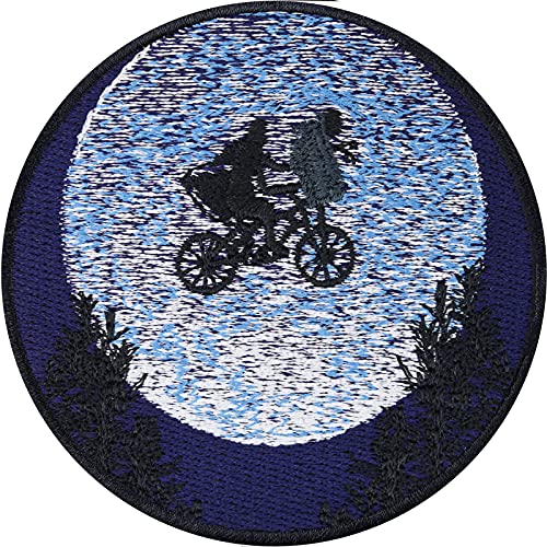 Aufnäher "E.T. am Fahrrad" Der Ausserirdische UFO Alien Patches Applikation zum Aufbügeln Premium Qualität Aufkleber Abzeichen bestickt - Mond Bügelflicken zum aufnähen 80x80mm von EXPRESS-STICKEREI