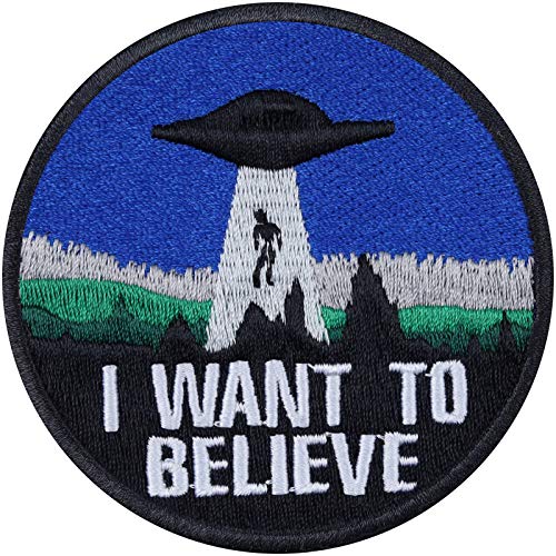 UFO Aufnäher "I want to believe" Alien Aufbügler Patch Biker Flicken lustige Bügelbilder zum annähen | Geschenk Sci-Fi Applikation für Jacken/Leder/Jeans/Taschen | 75x75mm von EXPRESS-STICKEREI
