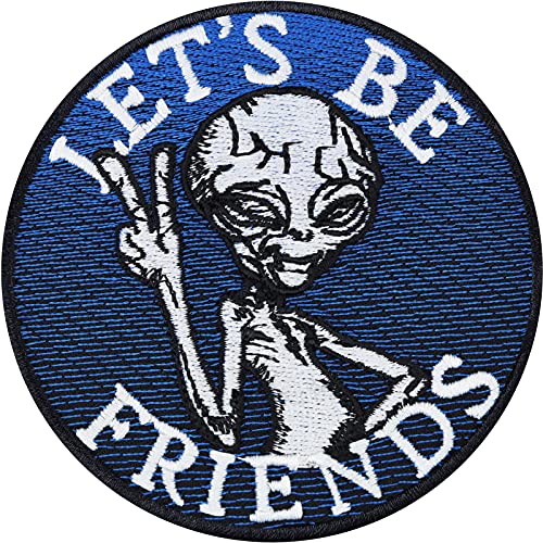 Aufnäher "Let's be Friends" Peace/Victory Hand UFO Alien Patches Applikation zum aufbügeln Premium Qualität Außerirdische Aufkleber Abzeichen/Bügelflicken zum annähen 90x90mm von EXPRESS-STICKEREI