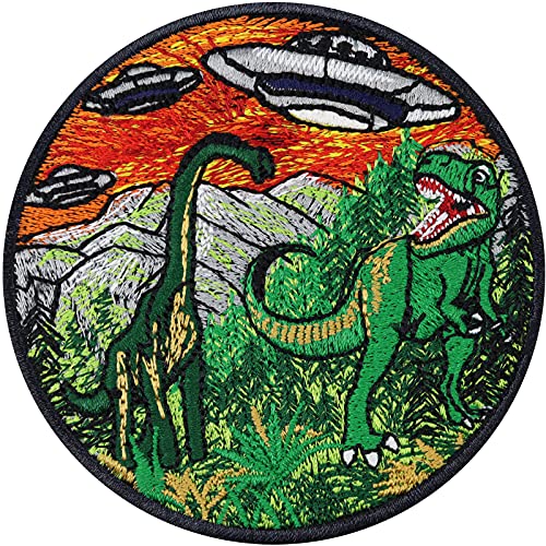 Aufnäher Dinosaurier und Alien | UFO Patch Sichtung Attacke JURASSIC World Park & Außerirdische Raumschiffe Bügelbild Dinos Applikation zum annähen | Brachiosaurus Tyrannosaurus REX 80x80mm von EXPRESS-STICKEREI