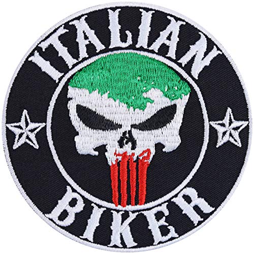 "Italian Biker" Aufnäher/Aufbügler/Biker Patch/Bügelbilder Italien Flagge | Jeans Flicken Geschenk Motorradfahrer Applikation für Motorradzubehör/Boots/Motorradkoffer | 90x90mm von EXPRESS-STICKEREI