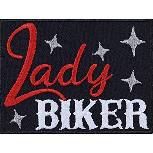 Lady Biker Aufnäher Biker girl Aufbügler Biker Patch Bügelbilder/Flicken Motorradfahrer Damen Geschenk Applikation für Jacke/Weste/Jeans/Boots/Motorradkoffer | 90x65mm von EXPRESS-STICKEREI