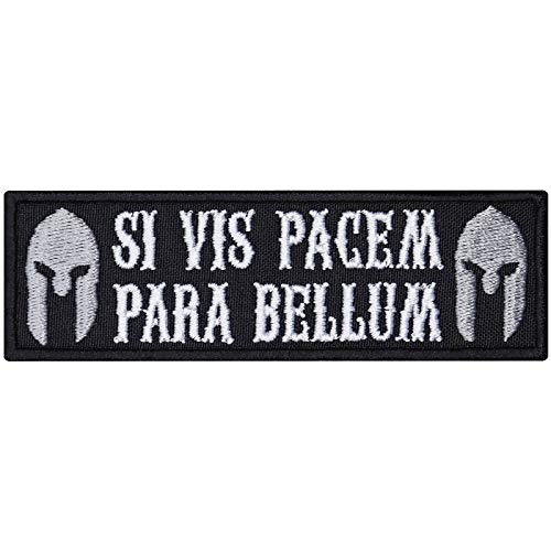 Spartaner Aufnäher/Aufbügler "Si vis pacem para bellum" Biker Patch/Bügelbilder zum annähen/aufbügeln | Geschenk Motorradfahrer Applikation für alle Stoffe | 95x30mm von EXPRESS-STICKEREI