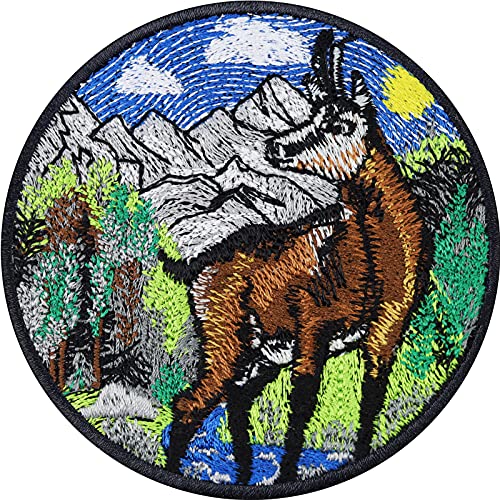 GAMS am Berg Aufnäher Gamswild Patch Steinbock Berggams in Natur Aufkleber Gesticktes Bügelbild Jäger Aufbügler Jagdabzeichen Jagd Naturfreunde Stickerei Bügelflicken Applikation Abzeichen 80x80mm von EXPRESS-STICKEREI