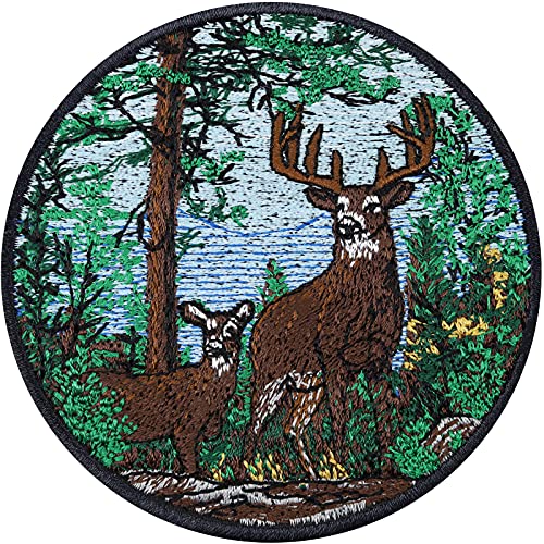 Hirsch im Wald Aufnäher wetterfester Aufkleber Gesticktes Bügelbild Jäger Aufbügler Jagdabzeichen Wild Jagd Naturfreunde Deer Patch Applikation Flicken zum annähen/aufbügeln | 80x80mm von EXPRESS-STICKEREI