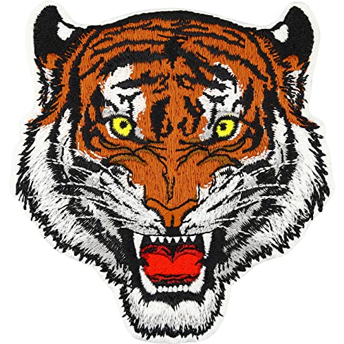 Tiger Aufnäher Indien brüllender Tiger | bengalischer Tiger Aufbügler Klimaschutz "Save the Tiger" Abzeichen fürn alle Stoffe | gesticktes Kunstwerk Emblem zum annähen/aufbügeln | 100x95mm von EXPRESS-STICKEREI