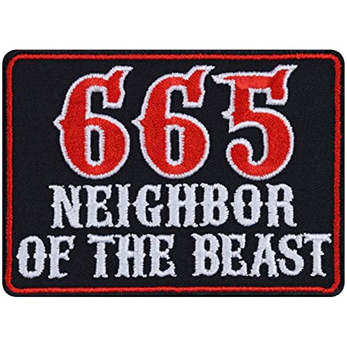 666 Aufnäher Heavy Metal "665 - Neighbor of the beast" Aufbügler/Patch zum annähen/aufbügeln | Rocker Bügelbilder Kutten Applikation für alle Stoffe | 90x65mm von EXPRESS-STICKEREI