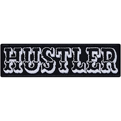 HUSTLER | Aufnäher mit Stickerei Emblem | Hustler Rocker Patch Bügelbilder Sticker Applikation mit Klebefläche zum annähen/aufbügeln | 90x25mm von EXPRESS-STICKEREI