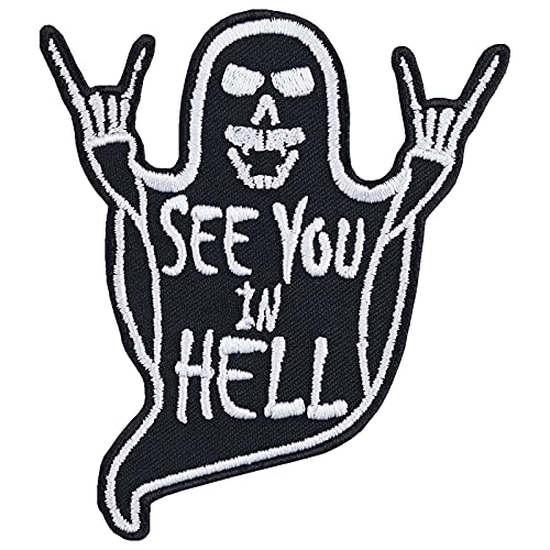 Rocker Aufnäher "See you in hell" Aufbügler Totenkopf Skull Heavy Metal Patch zum annähen/aufbügeln | Jeans Flicken Biker Bügelbild Applikation für alle Stoffe | 80x90mm von EXPRESS-STICKEREI
