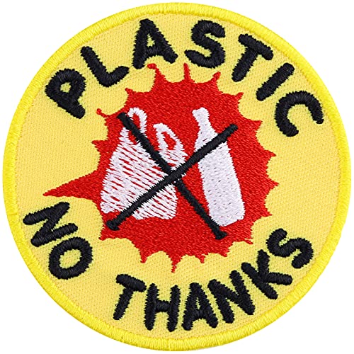 NO PLASTIC Aufnäher "PLASTIC? No thanks" Klimawandel Aufbügler Antiplastik Patch zum annähen/aufbügeln | veganes Abzeichen Applikation für alle Stoffe | 60x60mm von EXPRESS-STICKEREI
