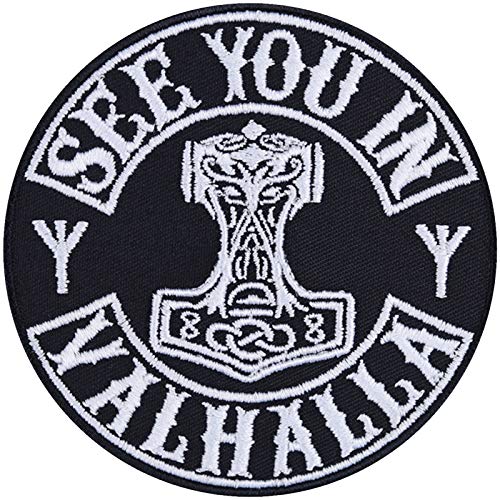 SEE YOU IN VALHALLA Wikinger Aufnäher Vikings Valhalla Bügelbilder nordische Zeichnung Thors Hammer Mjölnir Patch zum annähen/aufnähen Wikinger Applikation für alle Stoffe | 90x90mm von EXPRESS-STICKEREI