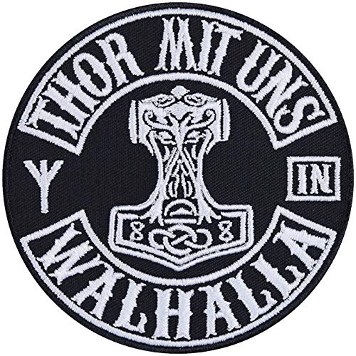 Wikinger Aufnäher | THOR MIT UNS IN VALHALLA | Vikings Patch bestickt Mjölnir Thors Hammer Bügelbilder Wikingerschild Aufbügler Vikings Applikation zum aufbügeln | 90x90mm von EXPRESS-STICKEREI