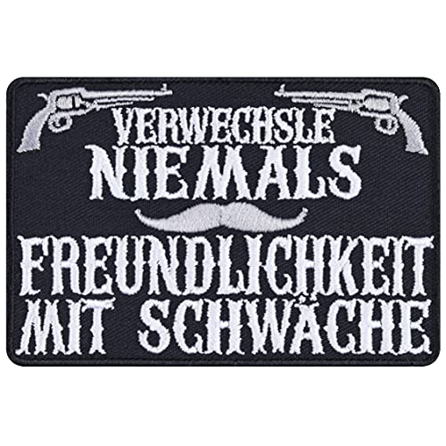 Rocker Patch "Verwechsle niemals Freundlichkeit nicht mit Schwäche" Kutten Aufnäher Heavy Metal Bügelbilder Biker Sticker für Männer/Frauen DIY Applikation für alle Stoffe | 90x60mm Rocker Patch "Verwechsle niemals Freundlichkeit nicht mit Schwäche" Kutten Aufnäher Heavy Metal Bügelbilder Biker Sticker für Männer/Frauen DIY Applikation für alle Stoffe | 90x60mm von EXPRESS-STICKEREI