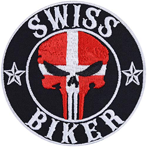 "Swiss Biker" Aufnäher/Aufbügler/Biker Patch/Bügelbilder Schweiz Flagge | Jeans Flicken Geschenk Motorradfahrer Applikation für Motorradzubehör/Boots/Motorradkoffer | 90x90mm von EXPRESS-STICKEREI