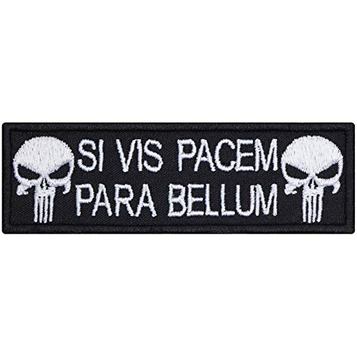 Totenkopf Aufnäher/Aufbügler "Si vis pacem para bellum" Biker Patch/Bügelbilder zum annähen/aufbügeln | Geschenk Motorradfahrer Applikation für alle Stoffe | 95x30mm Totenkopf Aufnäher/Aufbügler "Si vis pacem para bellum" Biker Patch/Bügelbilder zum annähen/aufbügeln | Geschenk Motorradfahrer Applikation für alle Stoffe | 95x30mm von EXPRESS-STICKEREI
