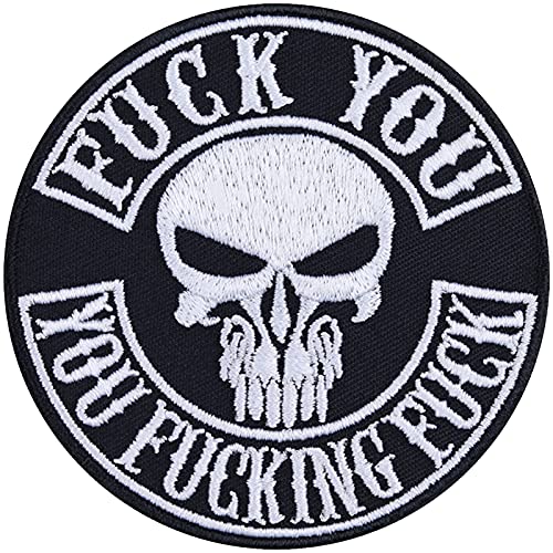 Totenkopf Aufnäher "FUCK YOU - you fucking fuck" Aufbügler Biker Patch Rocker Bügelbilder | Geschenk Motorradfahrer Applikation für Leder/Weste/Jeans/Boots/Jacke | 80x80mm Totenkopf Aufnäher "FUCK YOU - you fucking fuck" Aufbügler Biker Patch Rocker Bügelbilder | Geschenk Motorradfahrer Applikation für Leder/Weste/Jeans/Boots/Jacke | 80x80mm von EXPRESS-STICKEREI