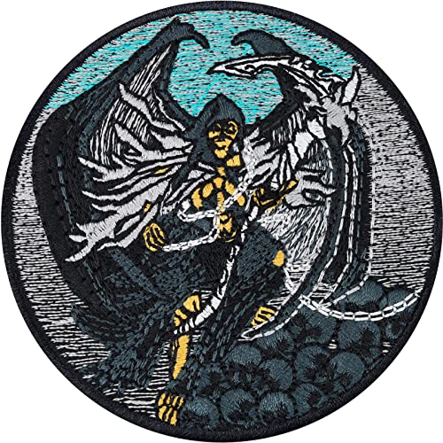 Totenkopf PREMIUM Aufnäher SKULL Patch gefallener Todesengel Bügelbilder zum annähen | Teufel Unterwelt Sticker Drachen Skelett Heavy Metal Aufbügler mit Stickerei | 80x80mm von EXPRESS-STICKEREI