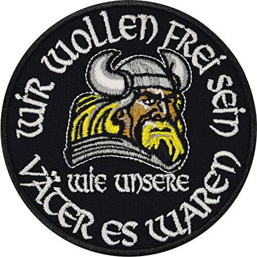 Wikinger Aufnäher | Wir wollen frei sein, wie unsere Väter es waren | Allvater Odin Aufbügler mit Stickerei | Vikings Patch Ragna Lothbrok Wikingerschild zum aufbügeln/annähen | 90x90mm von EXPRESS-STICKEREI