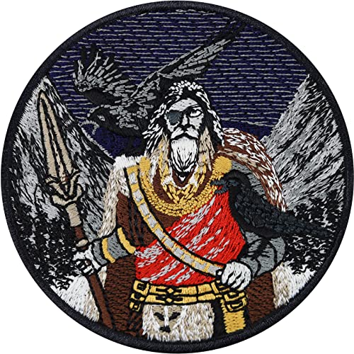 Wikinger Aufnäher gestickt | Göttervater Odin mit Hugin & Munin Mystischer Vikings Sticker nordische Mythologie Bügelbilder zum annähen/aufbügeln | Drachen Applikation | 80x80mm von EXPRESS-STICKEREI