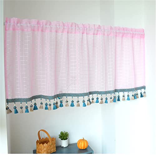 EXQULEG 1 Stück Landhausstil Scheibengardine Vintage Leinen Vorhänge Retro Spitze Kurzstores Halbtransparente Kurzgardine mit Quaste Romantische Weiße Bistrogardine (Rosa,H55 x B145cm) von EXQULEG