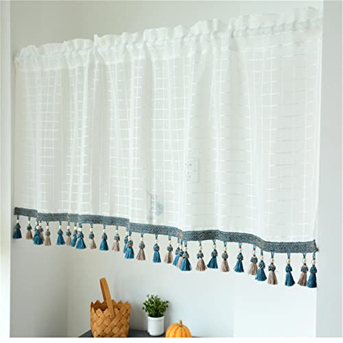 EXQULEG 1 Stück Landhausstil Scheibengardine Vintage Leinen Vorhänge Retro Spitze Kurzstores Halbtransparente Kurzgardine mit Quaste Romantische Weiße Bistrogardine (Weiß,H55 x B145cm) von EXQULEG