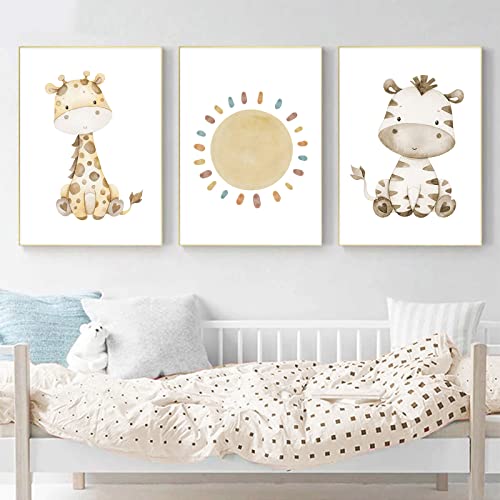 EXQULEG 3er Set Bilder Babyzimmer Deko Junge Mädchen - Poster Ohne Rahmen Tiere Regenbogen Sonne Wandbilder Wanddeko für Babyzimmer Wohnzimmer (A2 42x60cm,A) von EXQULEG