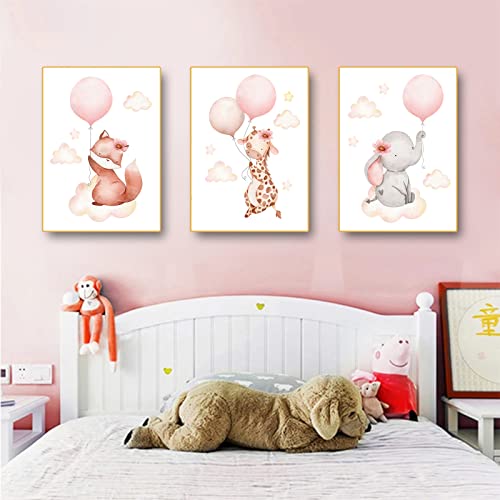 EXQULEG 3er Set Poster Kinderzimmer Bilder, Cartoon Tiere Ballon Nordic Regenbogen Wolken Sonne Poster Wandbilder, DIN A4 ohne Bilderrahmen für Junge Mädchen Babyzimmer (A) von EXQULEG