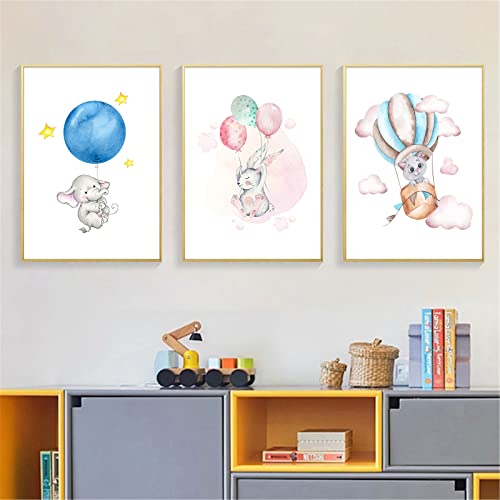 EXQULEG 3er Set Poster Kinderzimmer Deko - Bilder Babyzimmer Junge Mädchen -Wandbilder Ohne Rahmen - Cartoon Elefant Bär Ballon Sternen Mond (20x30cm,A) von EXQULEG