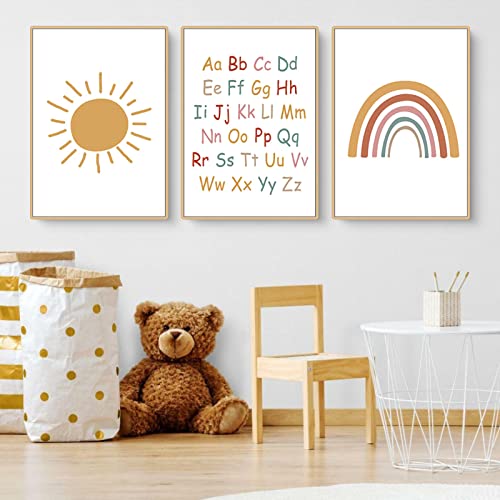 EXQULEG 3er Set Poster Kinderzimmer Deko Mädchen Junge - Buchstaben A-Z Ziffern 0-10 Wanddeko Bilder Babyzimmer - Regenbogen Wandbilder Schlafzimmer ohne Rahmen (B,21x30cm) von EXQULEG