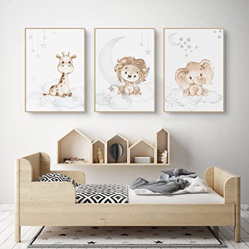 EXQULEG 3er Set Poster Kinderzimmer Kleiner Hase Giraffe Tiere Bilder Babyzimmer Deko Ohne Rahmen, Kinderbilder Tiermotive Poster für Junge Mädchen (A,50x70cm) von EXQULEG